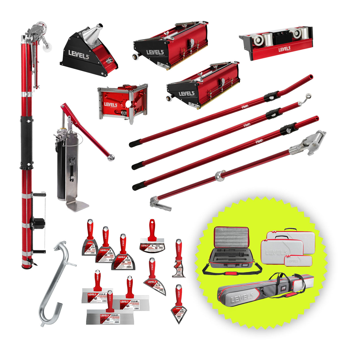 Level 5 automatic taping set including auto taper, handles, flat boxes, head attachments, mud pump, gooseneck, hand tools, and bonus carrying cases