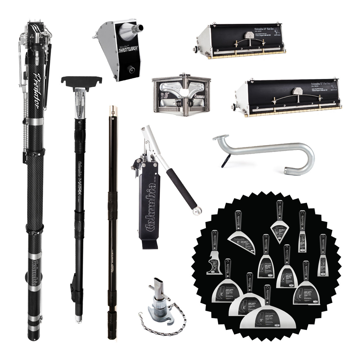 Columbia Predator automatic taping set including auto taper, handles, mud pump, box filler, finishing boxes, head attachments, and bonus hand tools