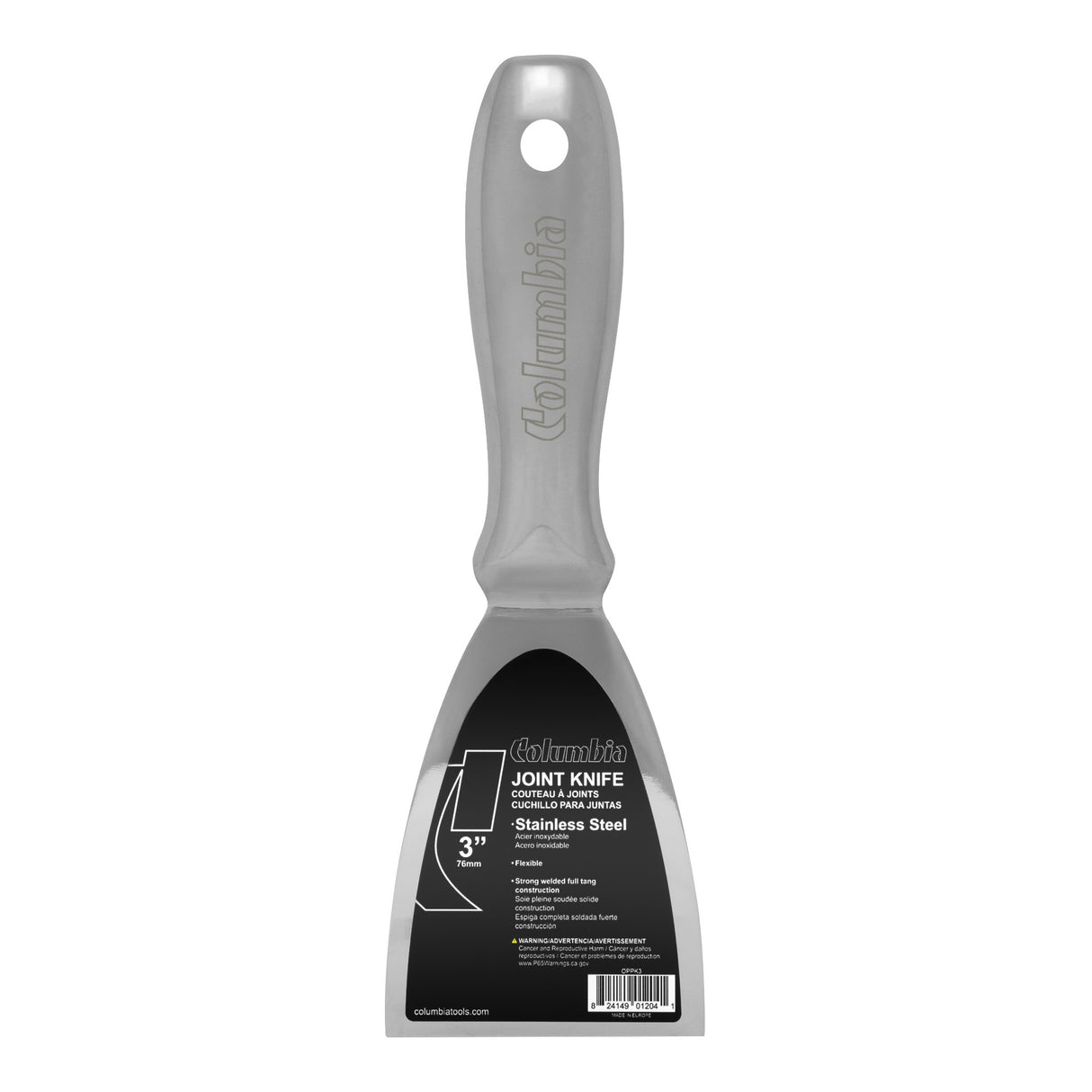 3-inch Columbia One Piece Putty Knife made with stainless steel blade, one-piece handle, and full tang construction