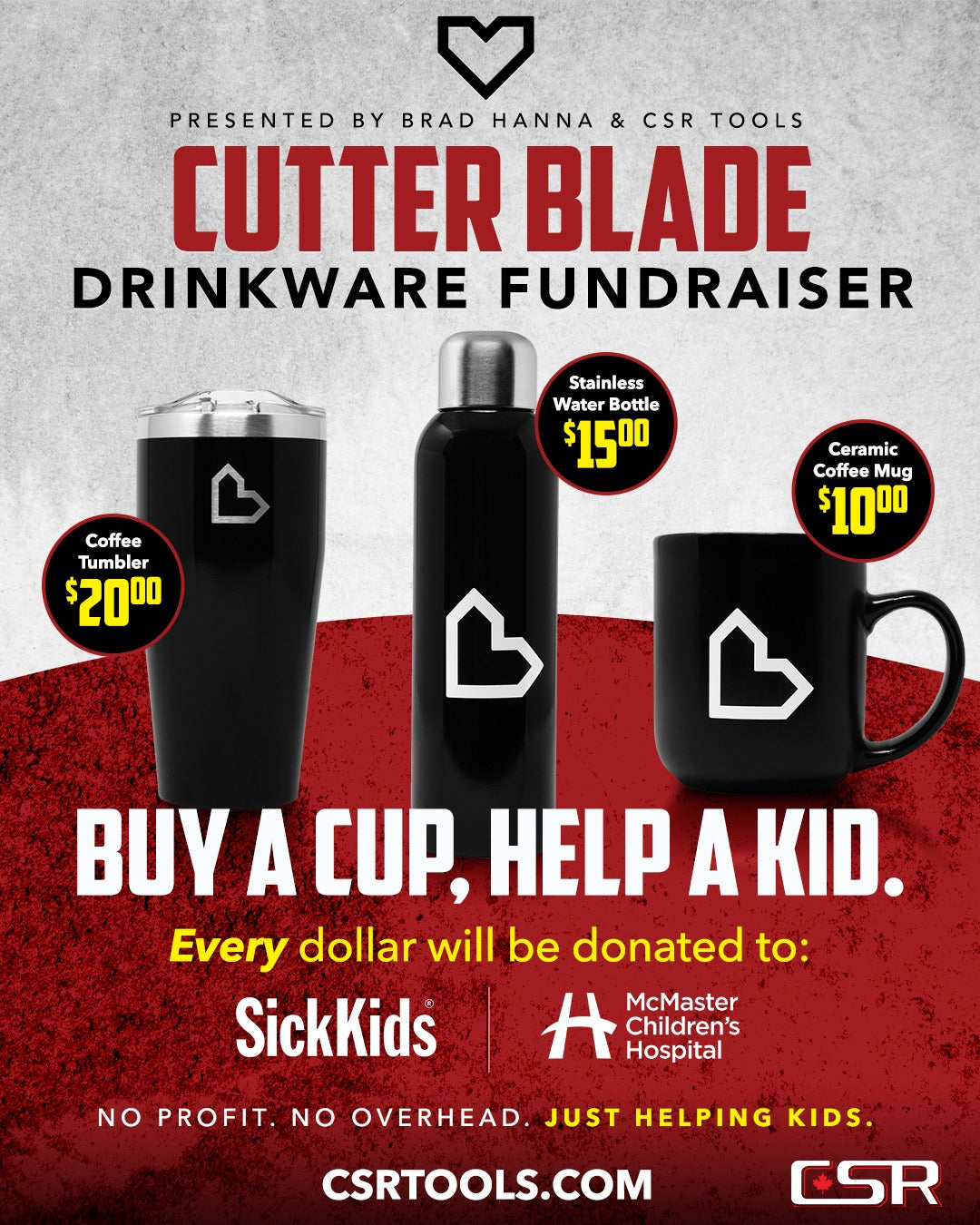 Cutter Blade Drinkware Fundraiser promotional artwork displaying the three drinkware products