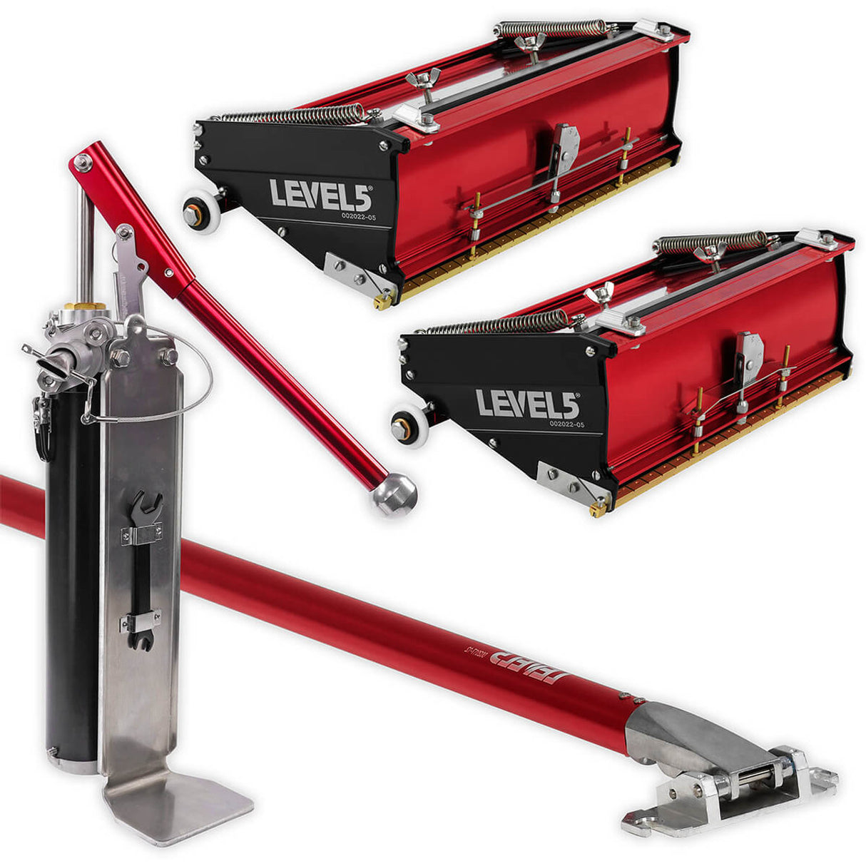 Level 5 automatic taping set including box handle, mud pump, and 10-inch and 12-inch flat boxes