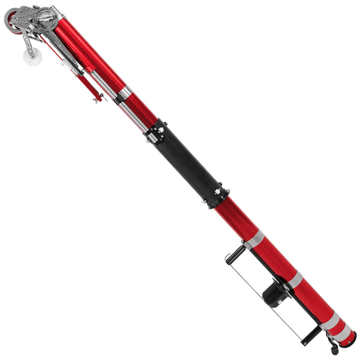 Level 5 Automatic Taper with a red and black billet aluminum body, steel components, white creaser wheel, and black tape roll assembly, right side