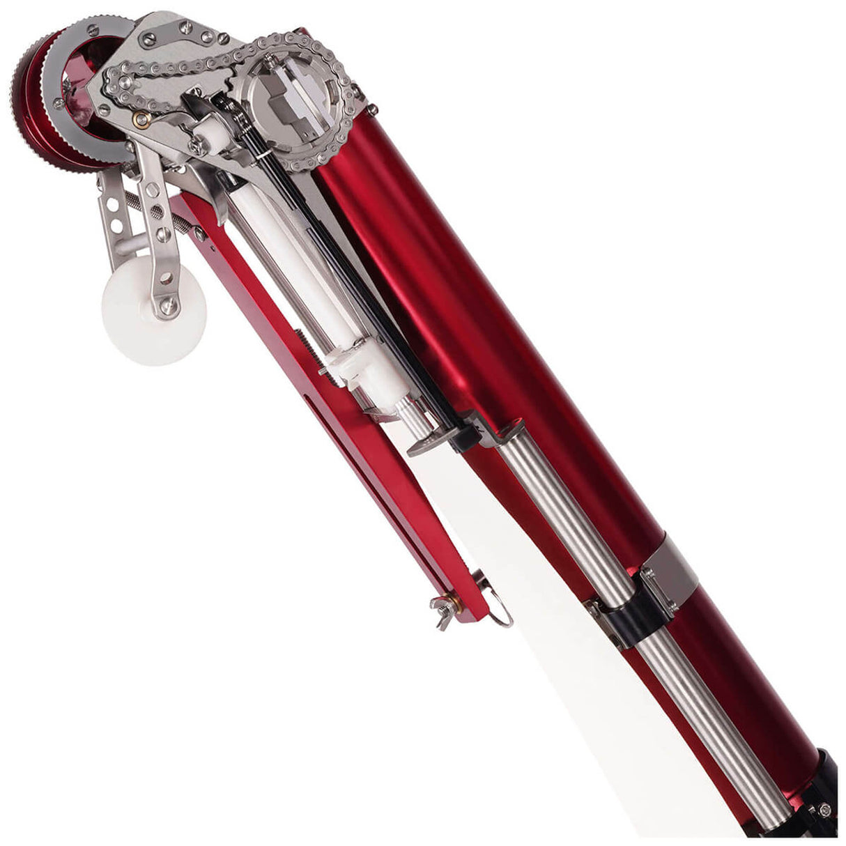 Close-up of Level 5 Automatic Taper head with a red and black billet aluminum body, steel components, and white creaser wheel, right side