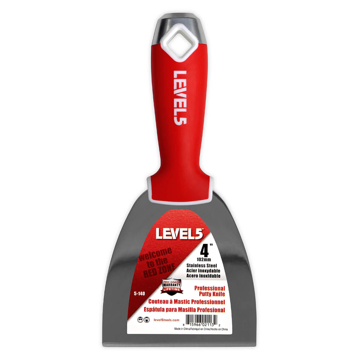 4-inch Level 5 Stainless Steel Joint Knife with steel blade, red soft-grip handle, metal hammer end, and hang hole