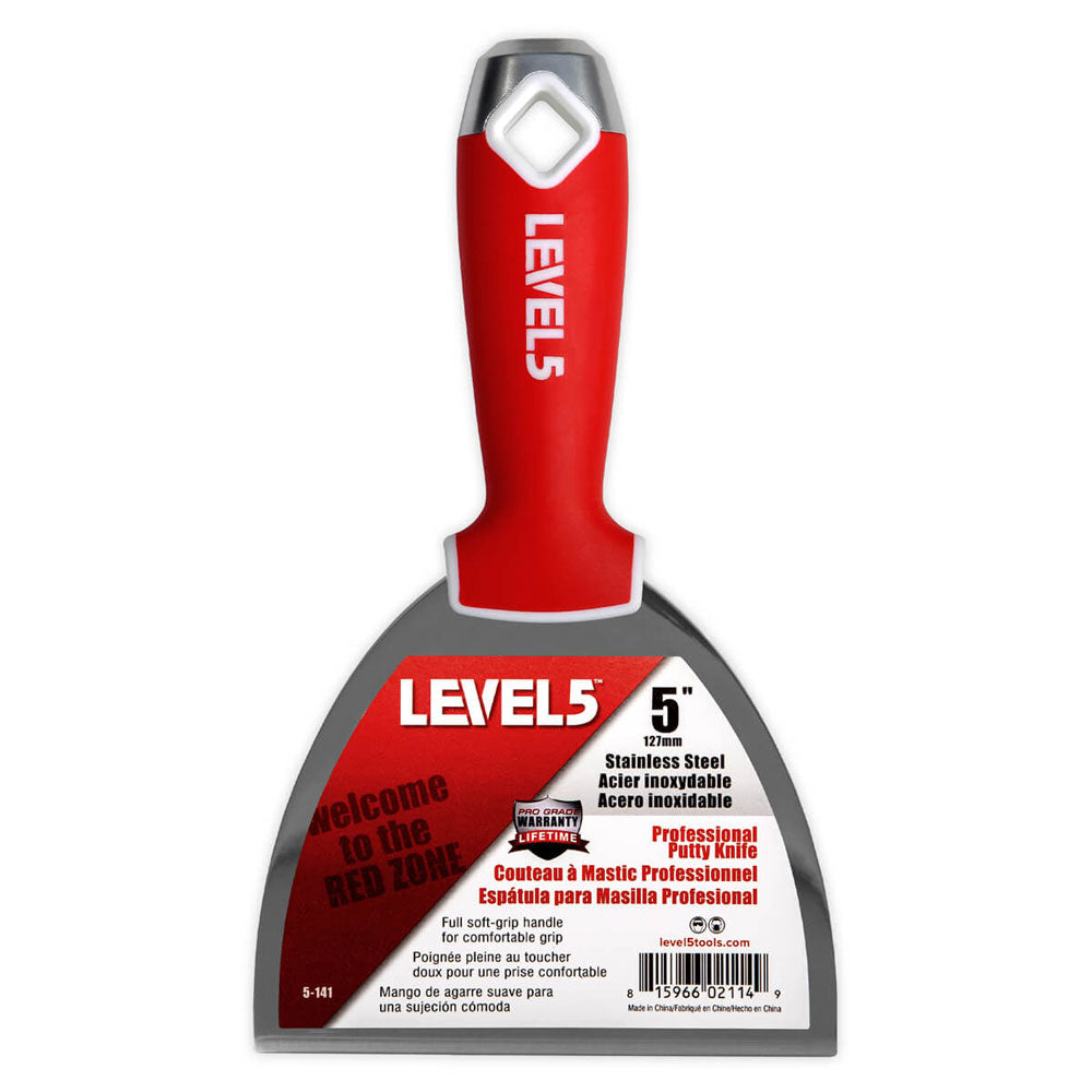 5-inch Level 5 Stainless Steel Joint Knife with steel blade, red soft-grip handle, metal hammer end, and hang hole