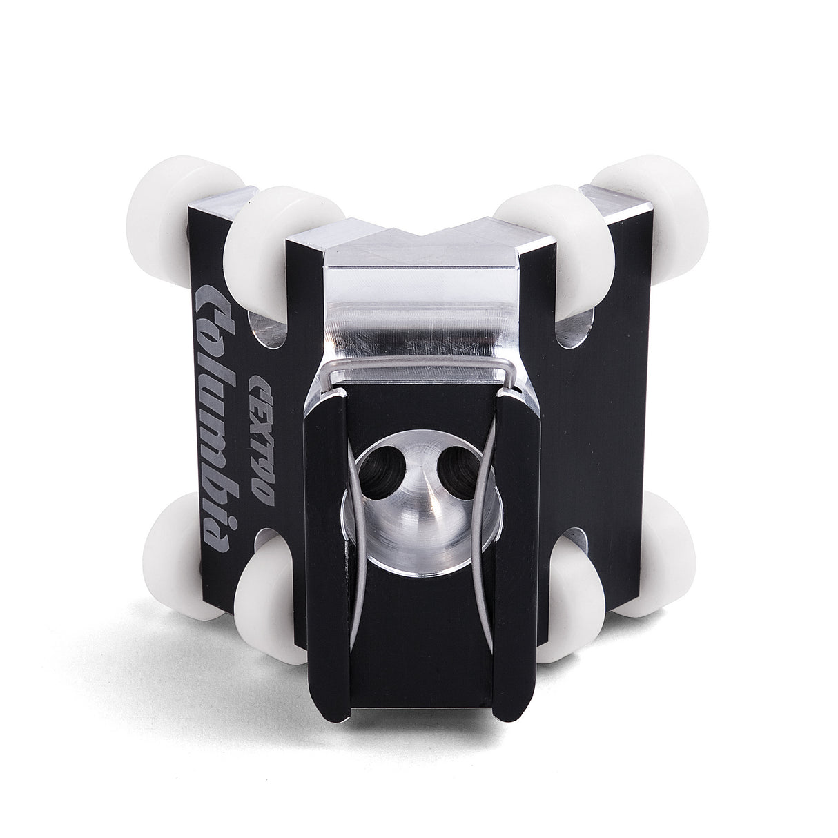 90-degree Columbia External Applicator made from billet aluminum with a black finish and 8 white plastic wheels, back view