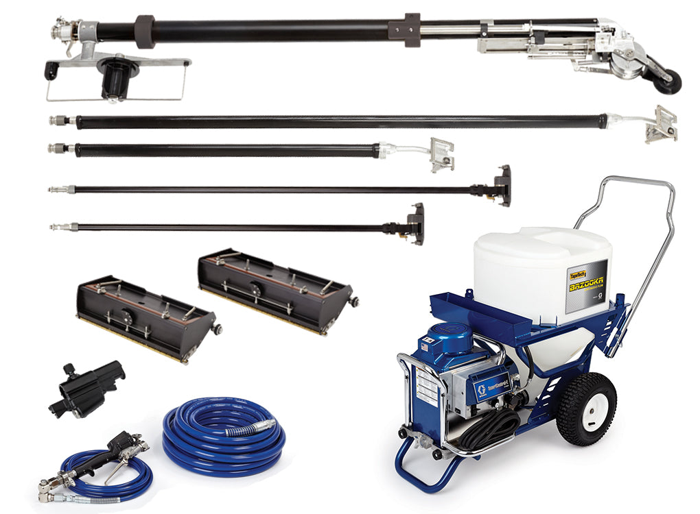 TapeTech Continuous Flow Corner Finishing Bundle including pump, RF Taper, controllers, handles, finishing boxes, and corner finishers