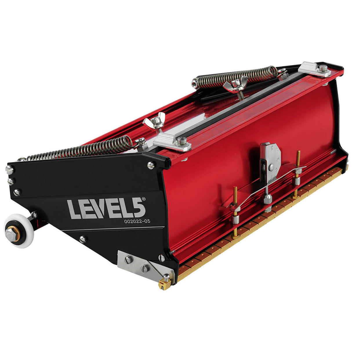 10-inch Level 5 Flat Box with red aluminum housing, black side panels, brass blade holder, and white rubber wheels