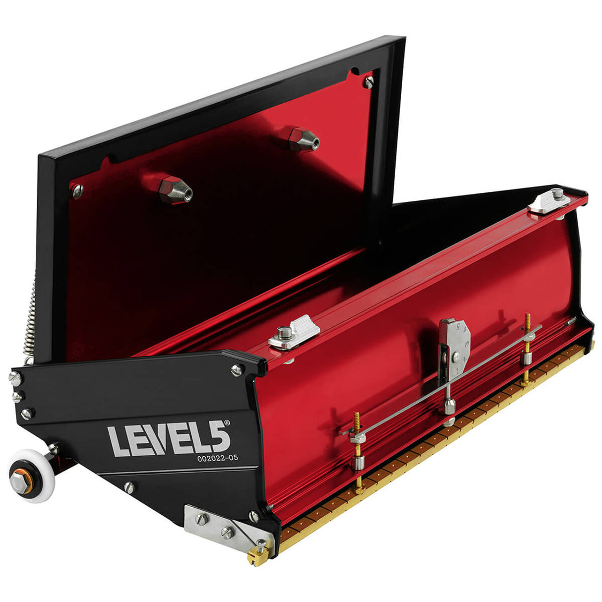 Open 12-inch Level 5 Flat Box with red aluminum housing, black side panels, brass blade holder, and white rubber wheels