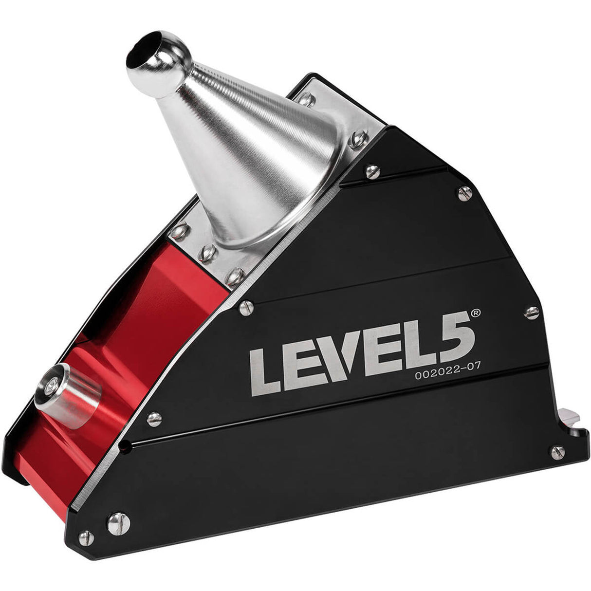 7-inch Level 5 Flat Box with red aluminum housing, black side panels, brass blade holder, and white rubber wheels, right side