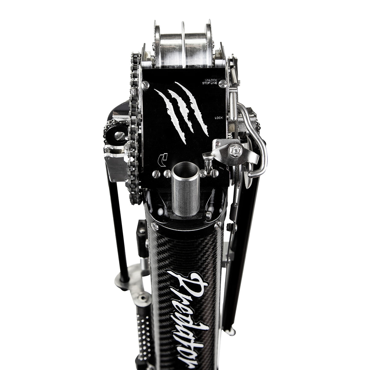 Close-up of Columbia Predator Taper head with predator logo, black carbon fiber body and steel blades