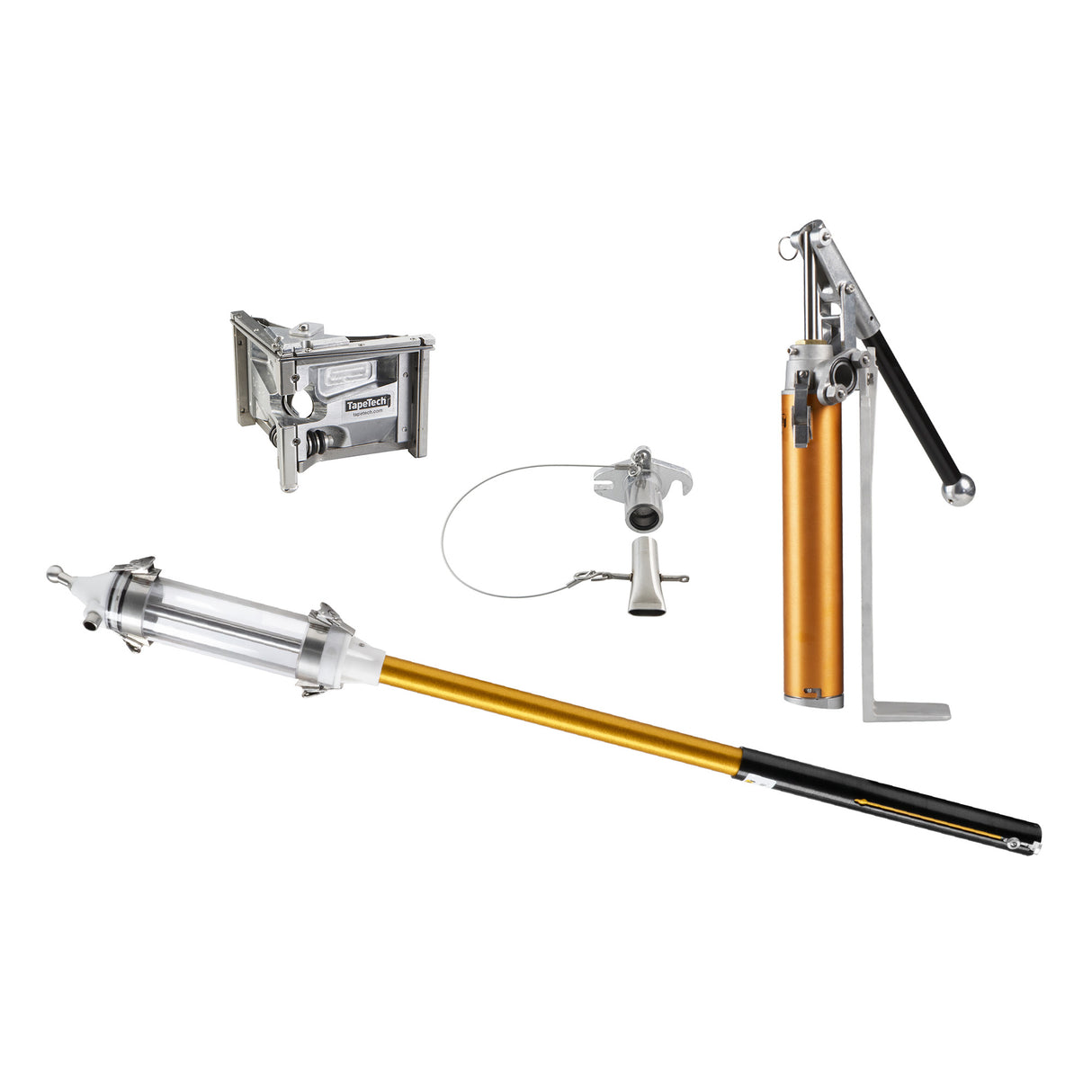 TapeTech automatic taping set including an mud runner, mud pump, box filler, and 3-inch corner finisher