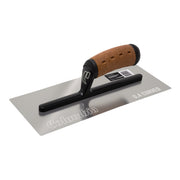 12-inch Columbia Curved Blade Stainless Steel Finishing Trowel with rounded corners, silver stainless steel blade, black aluminum bar, and cork handle