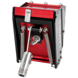Front of 3-inch Level 5 Nailspotter with red stainless steel body, black side panels, white wheels, and filler hole