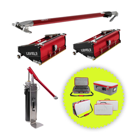 Level 5 automatic taping set including box handle, mud pump, 10-inch and 12-inch flat boxes, and bonus carrying cases