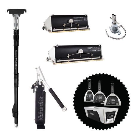Automatic taping set including a box handle, mud pump, box filler, 10-inch and 12-inch finishing boxes, and bonus stainless steel joint knives and mud pan