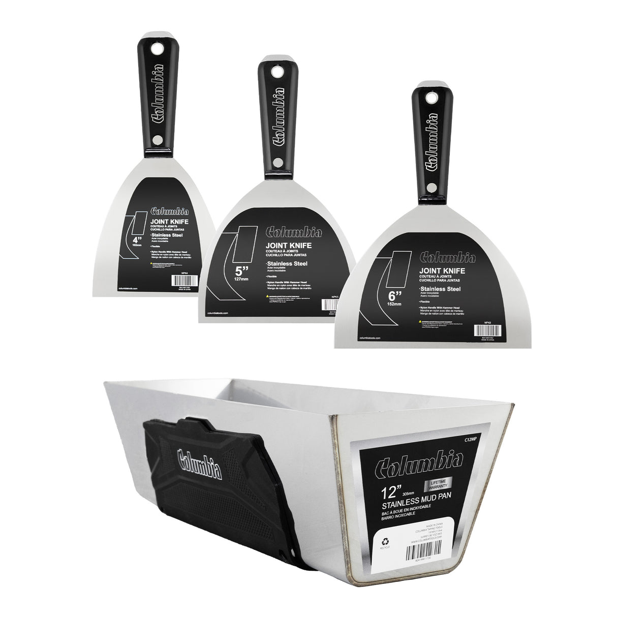 4-inch, 5-inch, and 6-inch stainless steel joint knives with black nylon handles, plus a 12-inch mud pan with a black rubber grip