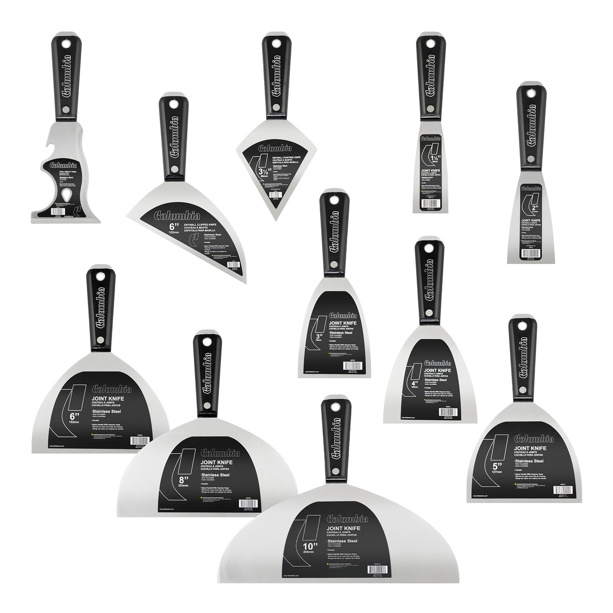 Columbia hand tool set with 8 joint knives, clipped knife, pointed knife, and multi-tool, made of stainless steel with black nylon handles