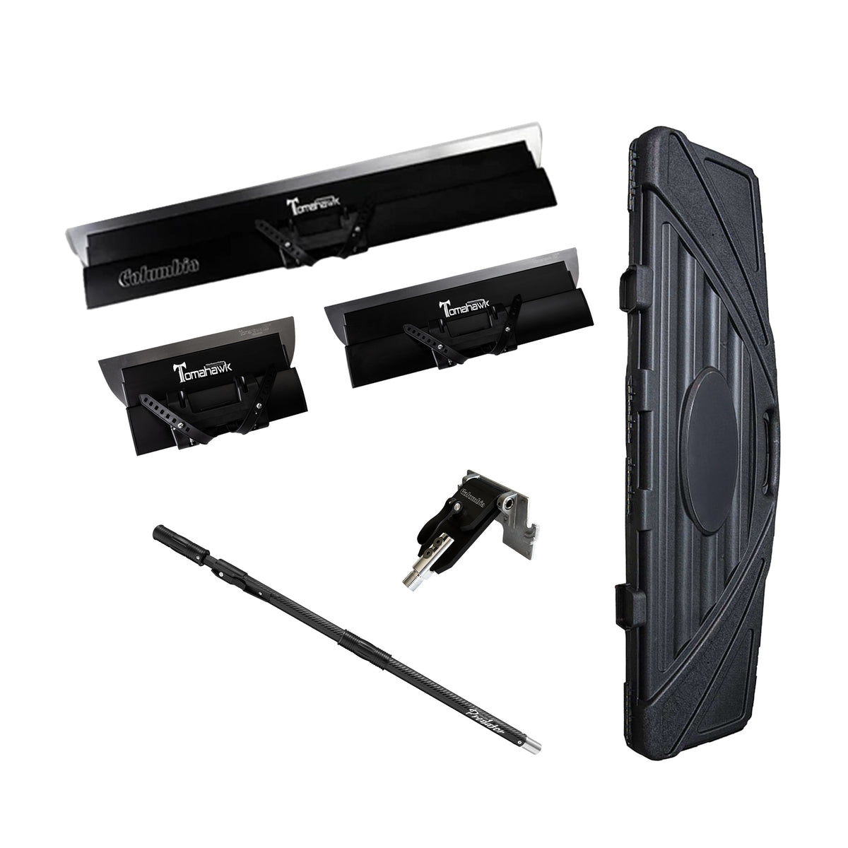 Columbia Predator taping set with 3 Tomahawk skimming blades, handle, adaptor, and carrying case