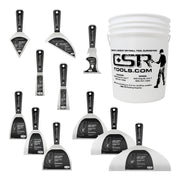 Columbia hand tool set including 8 stainless steel joint knives with black nylon handles and a white 5-gallon bucket