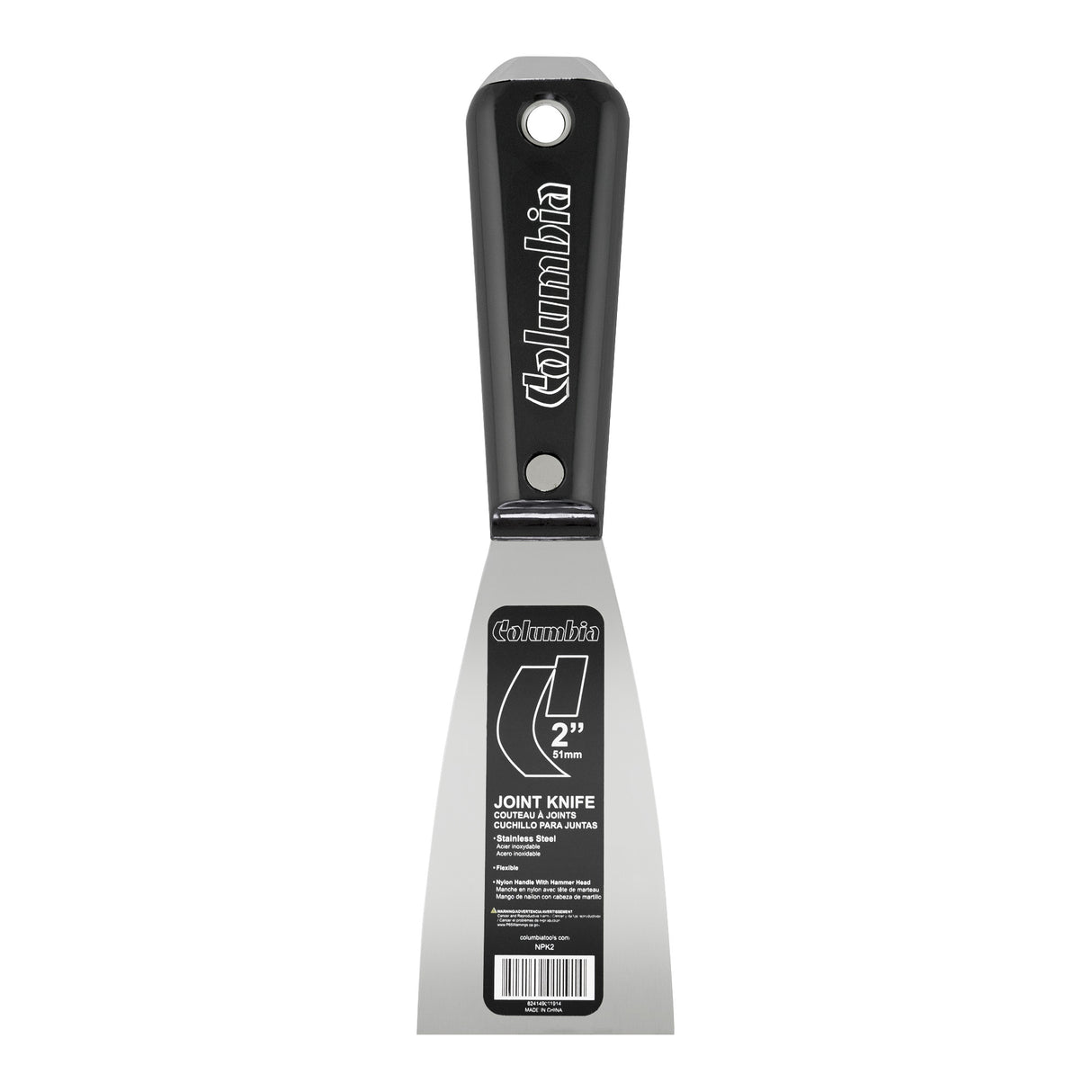 2-inch Columbia Joint Knife with stainless steel blade and black nylon handle with steel hammer head