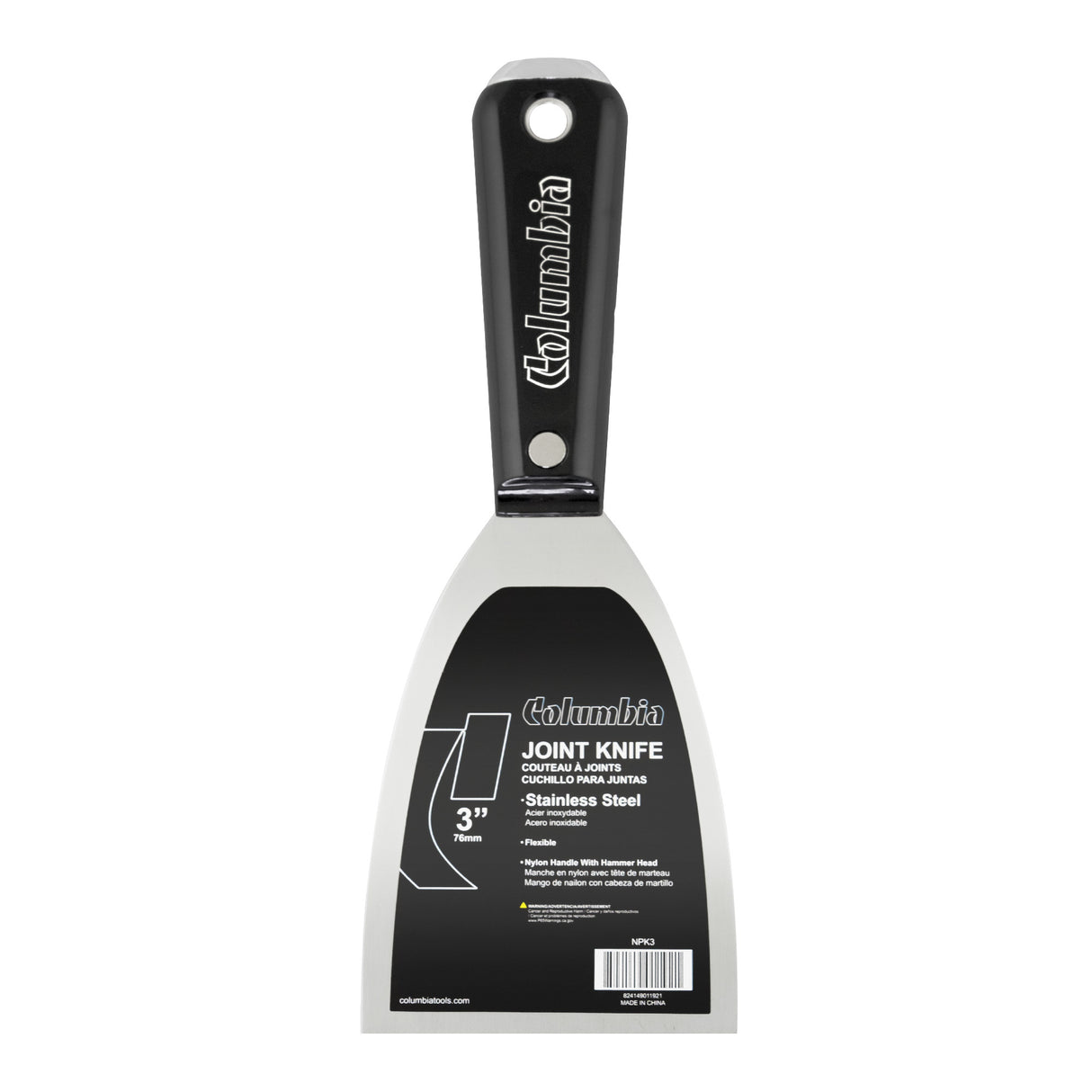 3-inch Columbia Joint Knife with stainless steel blade and black nylon handle with steel hammer head