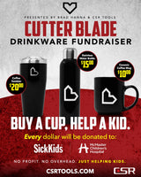 Cutter Blade Drinkware Fundraiser promotional artwork displaying the three drinkware products