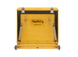 Back view of 10-inch TapeTech MAXXBOX Extra High Capacity Flat Box with gold aluminum body, brass blade holder, and crown control