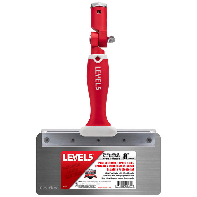 8-inch Level 5 Stainless Steel Flex Offset Knife with red handle, and removable zinc hammer end