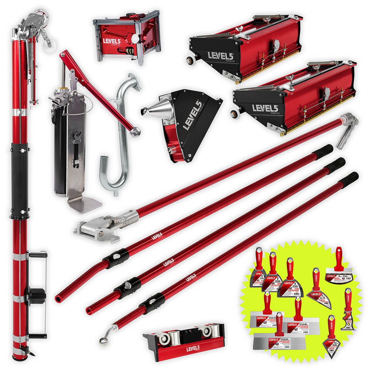 Level 5 automatic taping set including, auto taper, handles, flat boxes, head attachments, gooseneck, mud pump, and bonus hand tool set
