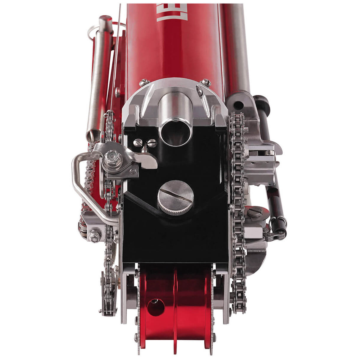 Close-up of Level 5 Automatic Taper head with a red and black billet aluminum body and steel components, top view