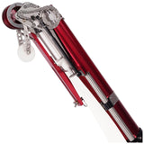 Close-up of Level 5 Automatic Taper head with a red and black billet aluminum body, steel components, and white creaser wheel, right side