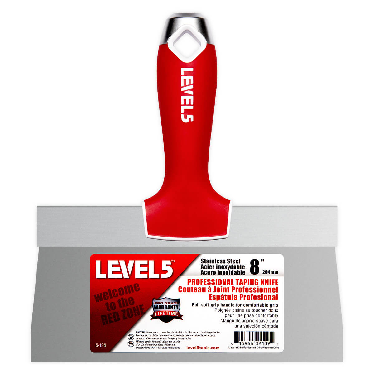 8-inch Level 5 Stainless Steel Taping Knife with steel blade, red soft-grip handle, metal hammer end, and hang hole