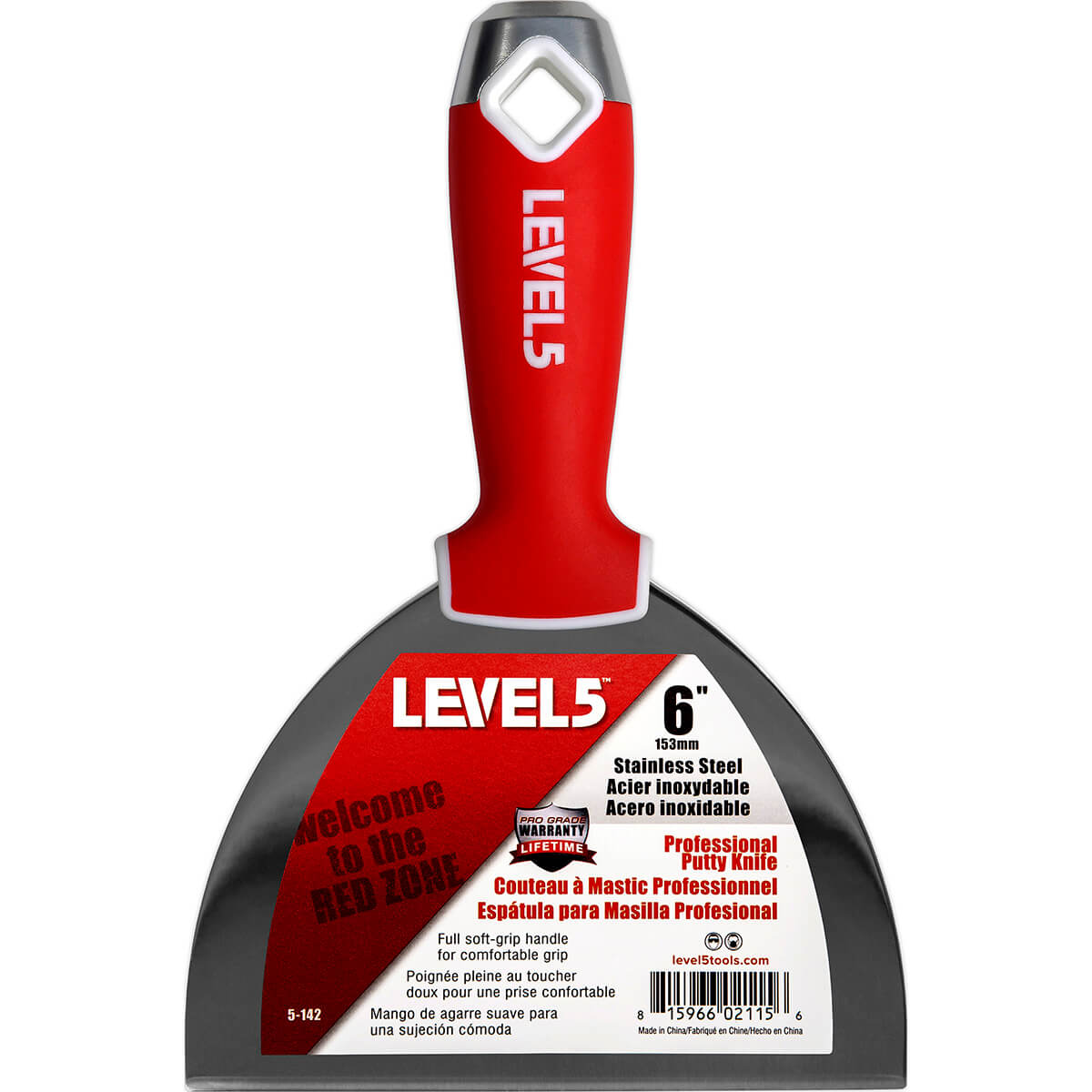7-inch Level 5 Stainless Steel Joint Knife with steel blade, red soft-grip handle, metal hammer end, and hang hole