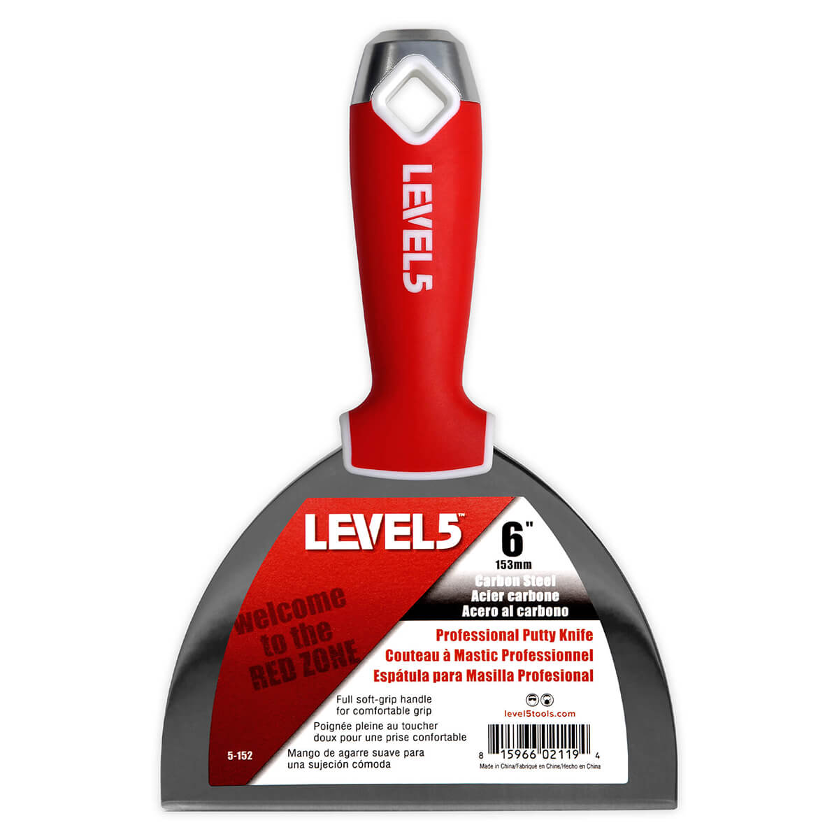6-inch Level 5 Carbon Steel Joint Knife with carbon steel blade, red soft-grip handle, metal hammer end, and hang hole