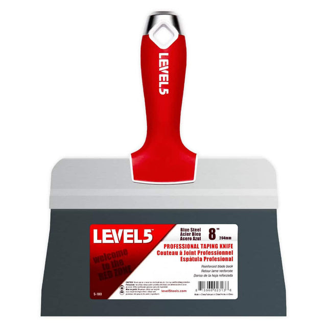 8-inch Level 5 Blue Steel Big Back Taping Knife with a blue steel blade and red soft-grip handle with a metal hammer head