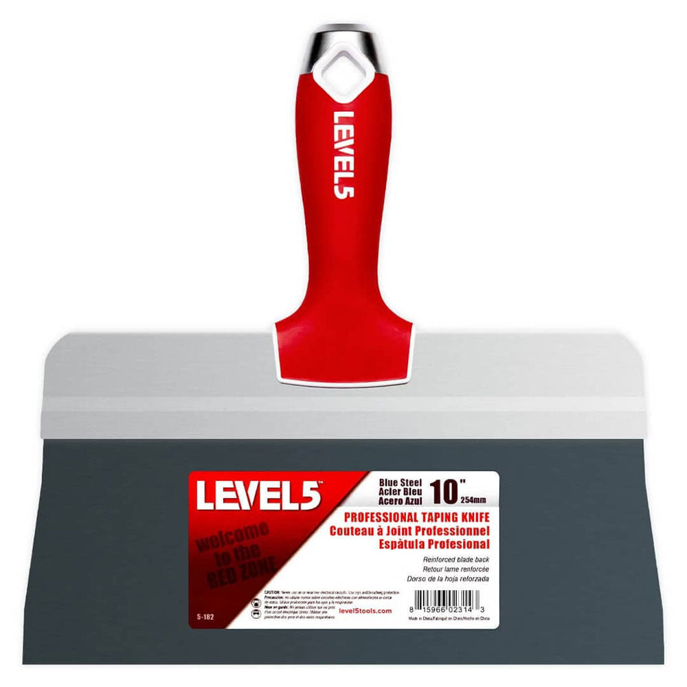 10-inch Level 5 Blue Steel Big Back Taping Knife with a blue steel blade and red soft-grip handle with a metal hammer head