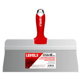 12-inch Level 5 Stainless Steel Big Back Taping Knife with steel blade, red soft-grip handle, metal hammer end, and hang hole