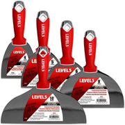 Level 5 carbon steel hand tool set including 4-inch, 5-inch, 6-inch, 8-inch, and 10-inch joint knives with red soft-grip handles