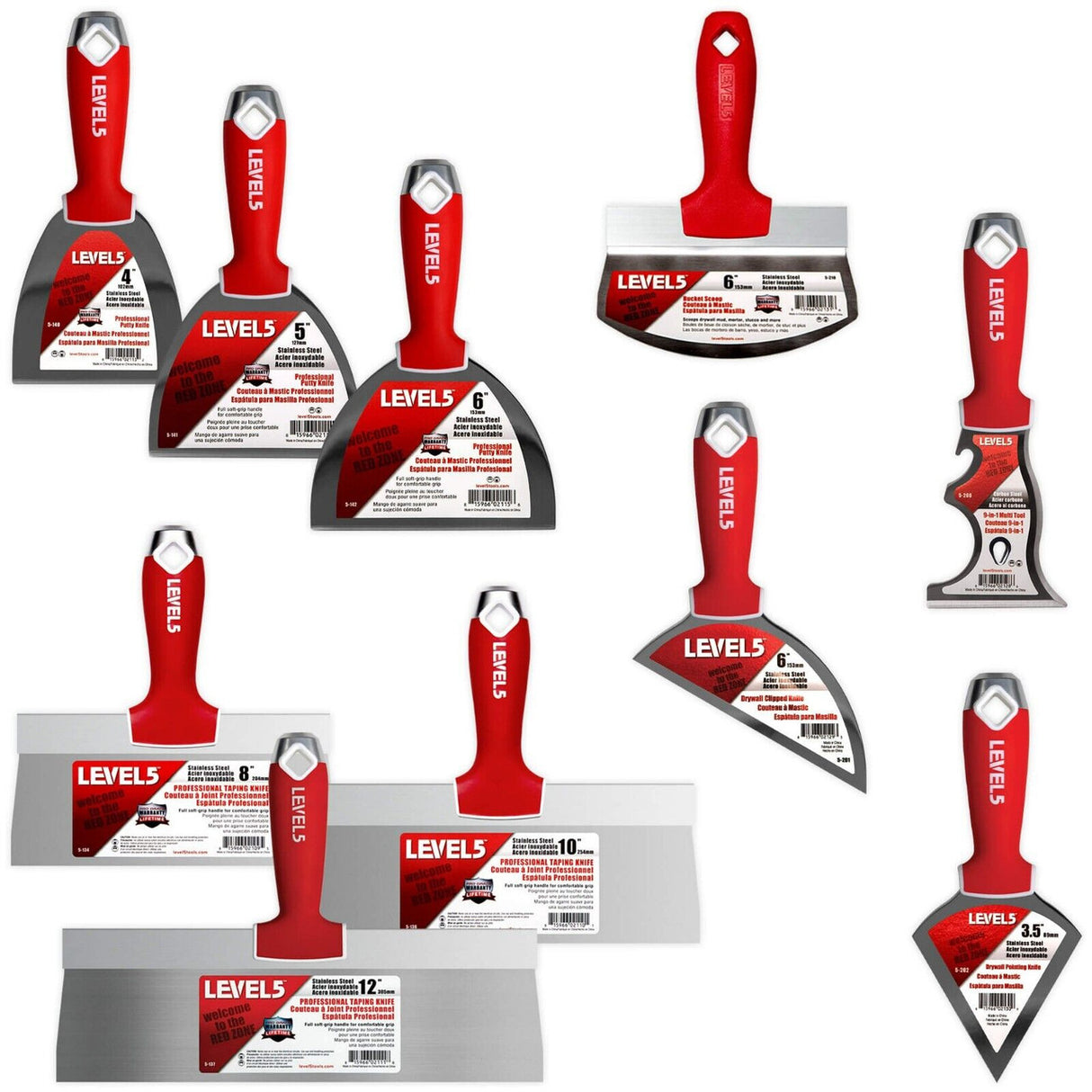 Level 5 hand tool set including 3 taping knives, 3 joint knives, bucket scoop, clipped knife, pointing knife, and multi-tool