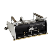 8-inch Columbia Automatic Flat Finishing Box made from billet aluminum with a black painted finish, steel components, a brass blade holder, and wheels