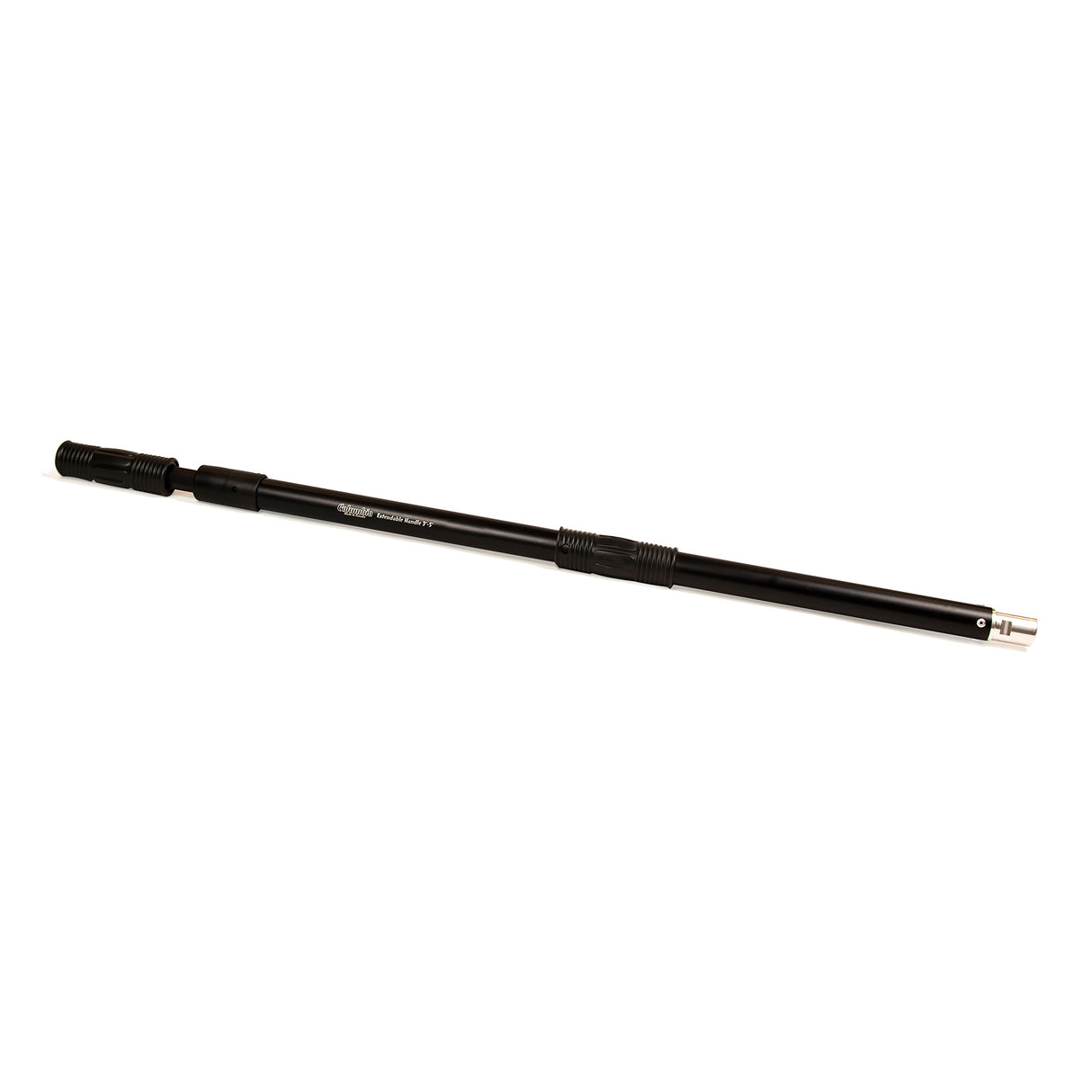 Slightly extended Columbia One Extendable Handle made from billet aluminum and steel components with a black finish, and black rubber grips, side view