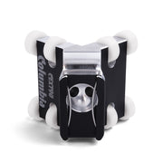 90-degree Columbia External Applicator made from billet aluminum with a black finish and 8 white plastic wheels, back view