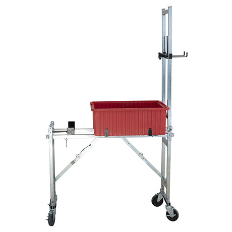 Red basin on stand-up tool holder and wash station with 4 caster wheels, side view