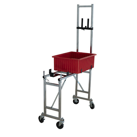 Red basin on stand-up tool holder and wash station with 4 caster wheels, quarter view