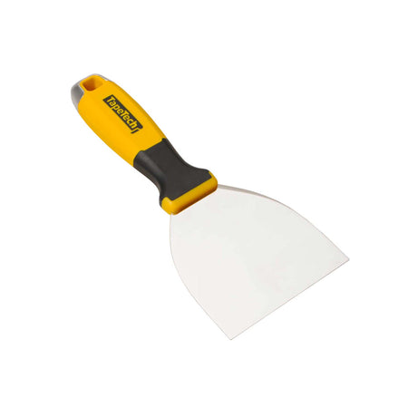 4-inch TapeTech Premium Stainless Steel Joint Knife with oversized yellow and black rubber handle and alloy hammer end