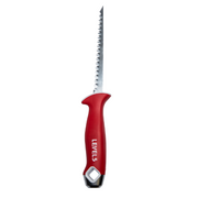 6-inch Level 5 Drywall Jab Saw with carbon steel teeth, red soft-grip handle, finger protection, and a metal hammer head