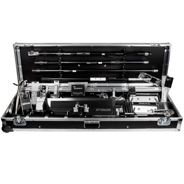 Front view of an open Columbia automatic taping tool case containing handles, skimming blades, automatic taping attachments, a mud pump, and an automatic taper