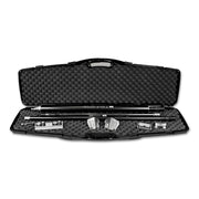 Open black foam-lined carrying case containing a Columbia compound tube, handles, flushers, applicators, corner roller, and angle head adaptor