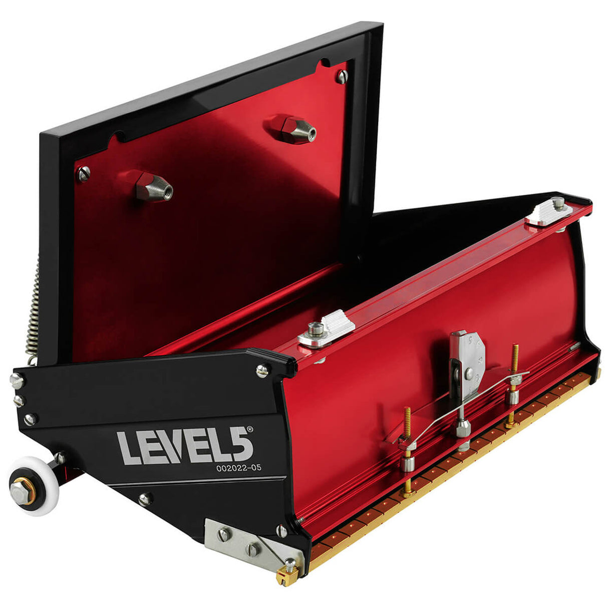 Open 10-inch Level 5 Flat Box with red aluminum housing, black side panels, brass blade holder, and white rubber wheels